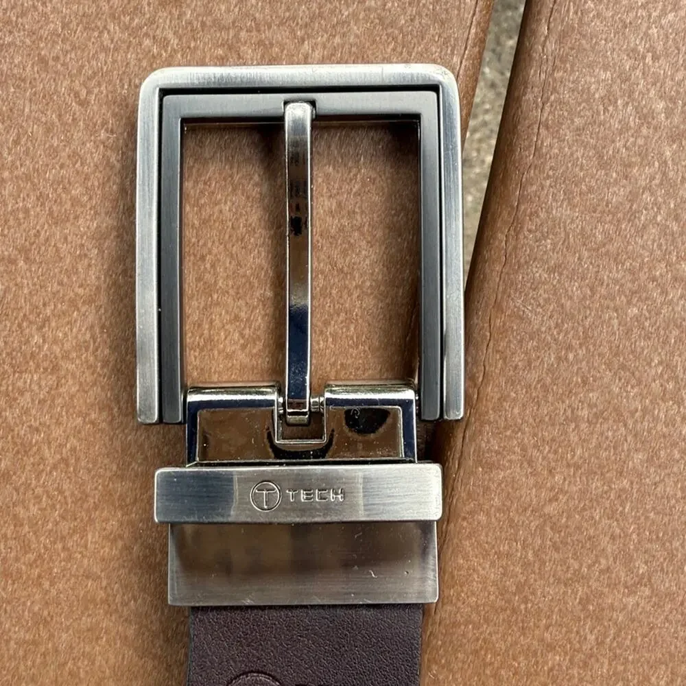 T Tech by Tumi Black Brown Reversible Belt Silver Buckle Size 32